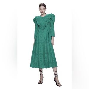 Zara green eyelets midi dress raffle front pleated lsize xxL romantic  feminine